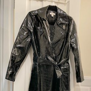 Topshop Black Croc Embossed Patent Vegan Leather Trench Coat, Size 6